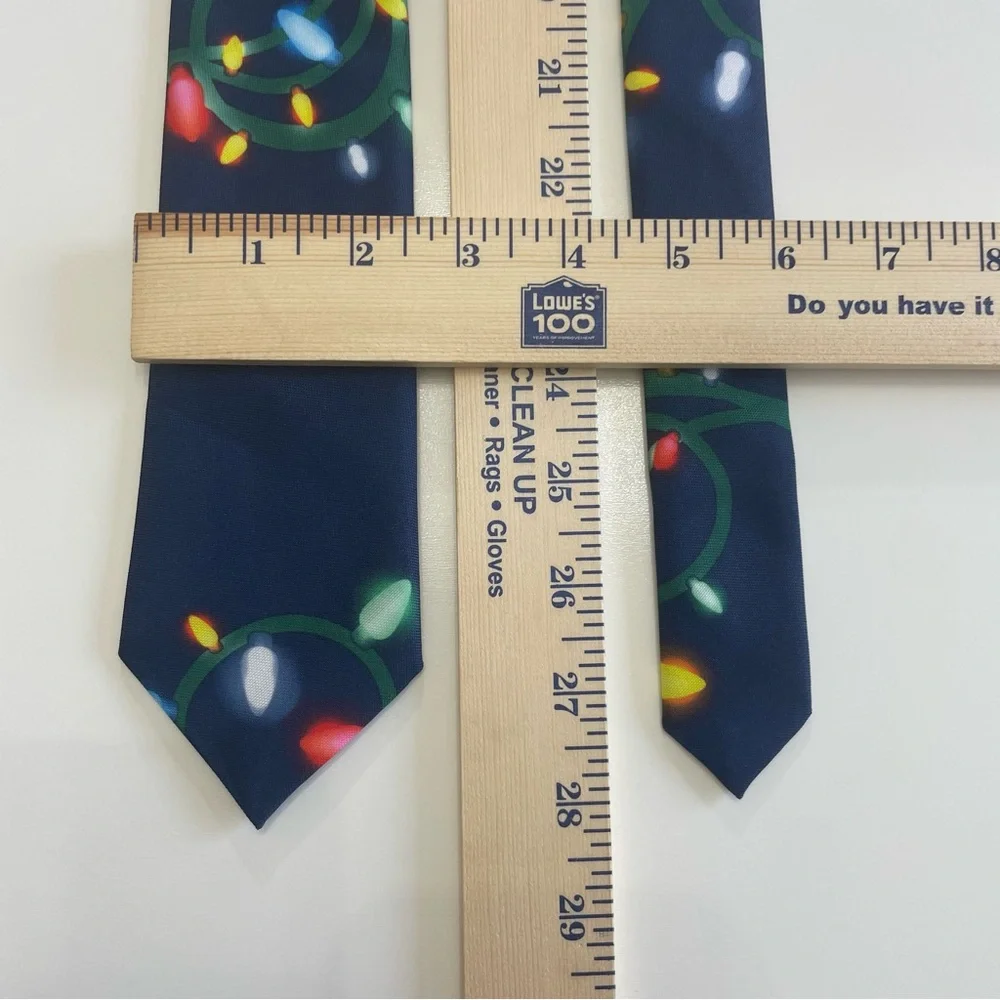 Festive Thin Navy Tie with Holiday Lights Christmas Novelty Party White Elephant